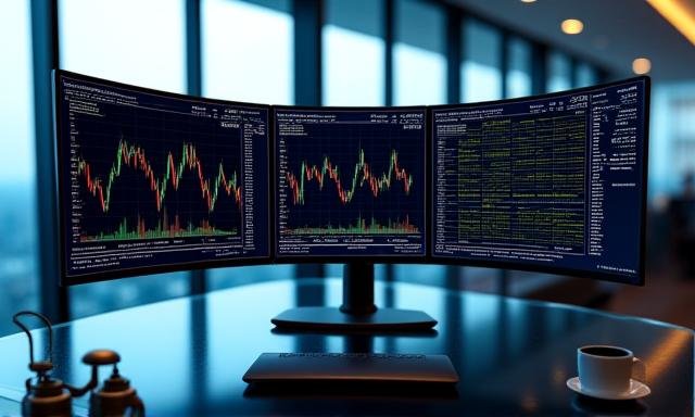 Professional trading desk with multiple monitors displaying market trends and data